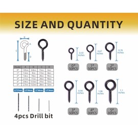 Mariyandh 240PCS Eye Hooks Screw Metal 0.67 Inches-1.1 Inches Small Eyelet Screws for Wood (0#-5#) I Hooks Black+4pcs Drill Bit(1.0,1.5,2,2.5)