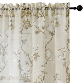 SMILE WEAVER Nature Yellow Sheer Curtains 45 inch Length for Living Room,Light Filtering Curtain 2 Panels,Voile Linen Textured Semi Sheer Floral Curtains for Bedroom/Kitchen Window Drapes