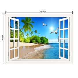 THNWSY 3D Self-Adhesive Painting Fake Window Wall Stickers Tropical Island with Palm Trees Wall Mural Window View Wall Decor for Home (36"×48", Palm Beach)