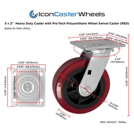 IconCasterWheels 5" x 2" Pro-Tech Polyurethane RED Heavy Duty Casters | Set of 4 | 2 Swivel & 2 Rigid Top Plate Casters |Top Plate 4"x4.5" | Non-Marking | Load Capacity 3000 lbs. Per Set