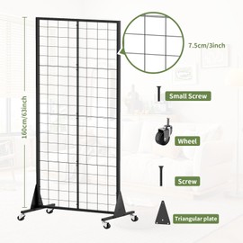 RCZSCBK 3-Pack 2' x 5.5' Grid Wall Panels Standing Wire Grid, Display Rack with T-Base Wheels Freestanding Gridwall Panel Tower for Shop, for Art Fairs Black