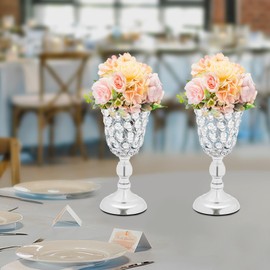 DYNAMI 2Pcs Small Crystal Vases for Flowers,Trumpet Floral Vase for Centerpieces,Dia 5in H 10in Wedding Flower Vases for Table Decorations,with EVA Non-Slip Base (Silver)