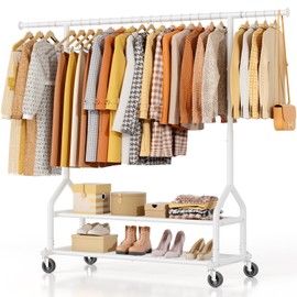 EAGMAK Heavy Duty Clothes Rack Load 556 LBS, Rolling Clothing Rack With Shelves, Height Adjustable Metal Clothes Hanger with Wheels Portable Wardrobe Organizer Garment Rod for Hanging Clothes (White)