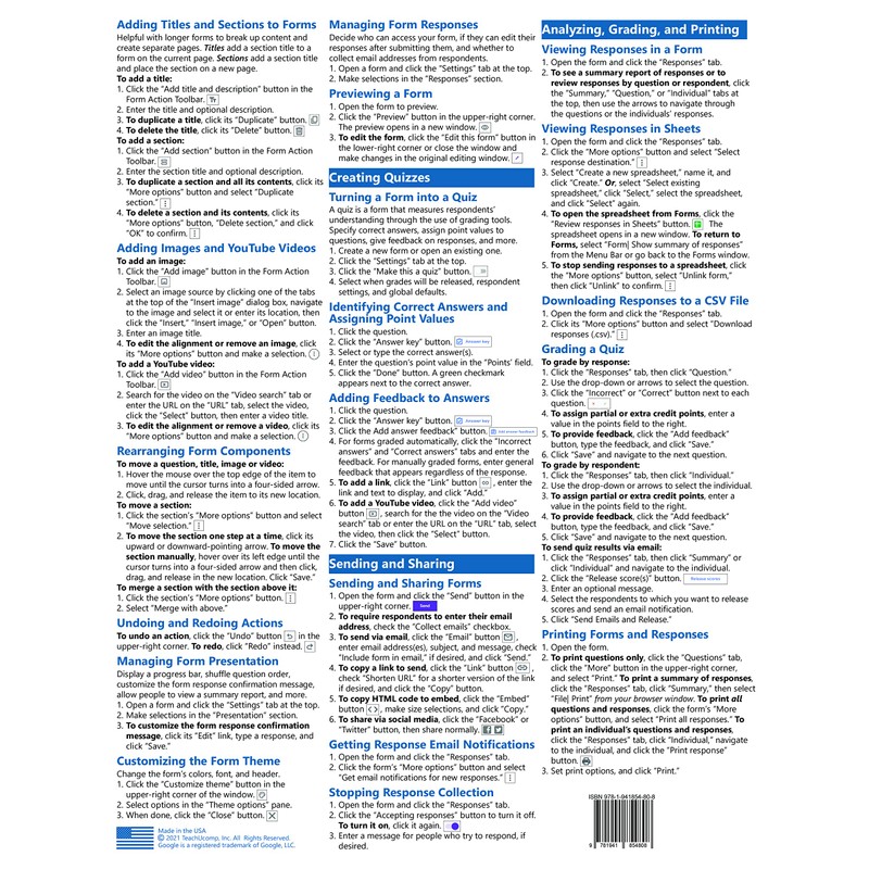 Google Forms Quick Reference Training Card - Laminated Tutorial Guide