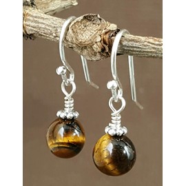 Sterling Silver Tiger Eye Natural Gemstone Beaded Drop Earrings