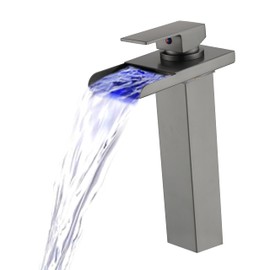 Ximlike LED Bathroom Faucet, Dark Gray Waterfall Bathroom Sink Faucet 1 Hole Single Handle Tall Vessel Faucet, Brass Faucet with Water Supply Hoses