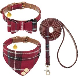 KOOLTAIL- Conjunto de collar y correa para perros pequeños con pajarita y cascabeles - Collar y correa para cachorras con estampado clásico de cuadros