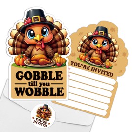 REWIDPARTY 15 Sets Thanksgiving Party Invitations with Envelopes Stickers, Cute Turkey Shaped Fill-in Invitation Cards, Gobble Till You Wobble Dinner Invites, Funny Fall Party Supplies Decorations