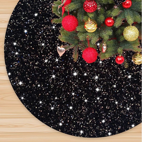 FANPROMS Black Christmas Tree Skirt 21 Inches Sequin Halloween Tree