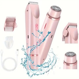 Bikini Trimmer for Women, Electric Shaver and Razor Rechargeable 2-in-1 Body and Facial Epilator, Dual Heads for Painless Trimming of Pubic Hair, Face, Underarms and Legs, Summer Gift:_Pink