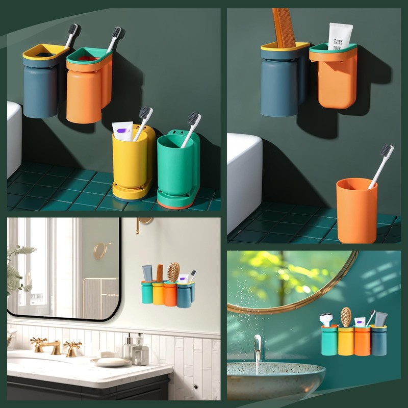 HAIJSEVR 4Pcs Toothbrush Holder Wall Mounted with Cups, Stick-on Toothbrush