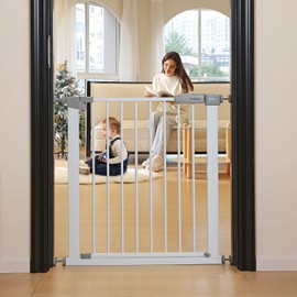 29"-57" Baby and Pet Safety Gate, 30" Tall Metal Walk-Thru Gate for Doorways & Stairs, Easy One-Hand Open, Dual Lock, Extensions & Wall Mounts Included (White, 29" W x 30.5“H)