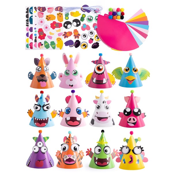 JOYIN 12 Sets Party Hats for Kids Birthday Party Games Craft Activities, Cute Animal Theme Birthday Hats Activity Kits with Stickers for Kids Holiday Party Favors