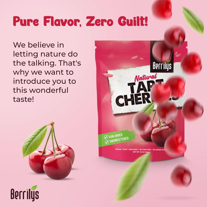 Berrilys Dried Tart Cherries - Unsweetened, No Sugar Added, Pitted,