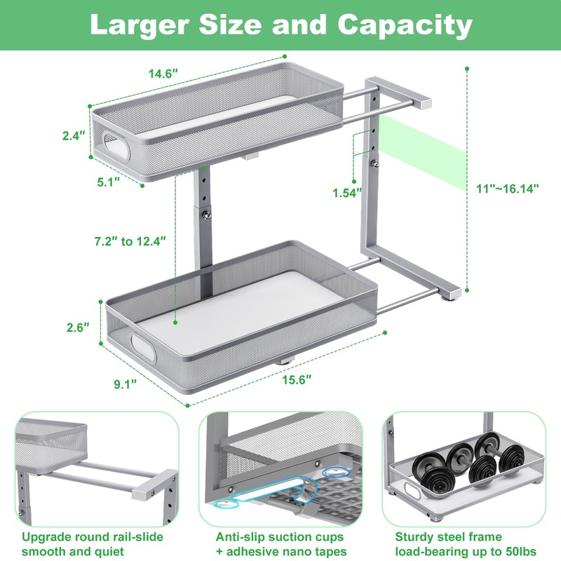 Uder Sink Organizer, High Adjustable 2 Tier Under Sink Organizers