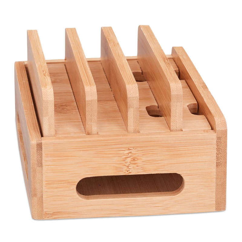Relaxdays Bamboo Docking Station, Desk Phone Stand for 6 Devices,