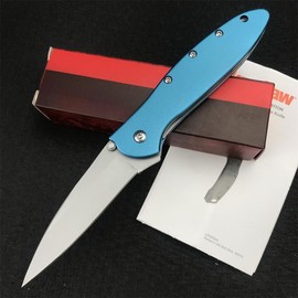 KS 1660 Ken Onion Leek Assisted Flipper Knife, 440C Bead Blast Plain Blade, Stainless Steel Handles, Frame Lock, 10 Styles:_blue