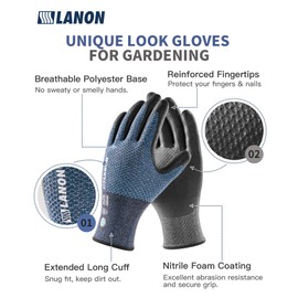 LANON Guantes de jardinería para hombres, 2 pares de guantes de jardín recubiertos de nitrilo con agarre, técnica B.COMB AIR transpirable, oliva polvoriento y pájaro azul, talla XL