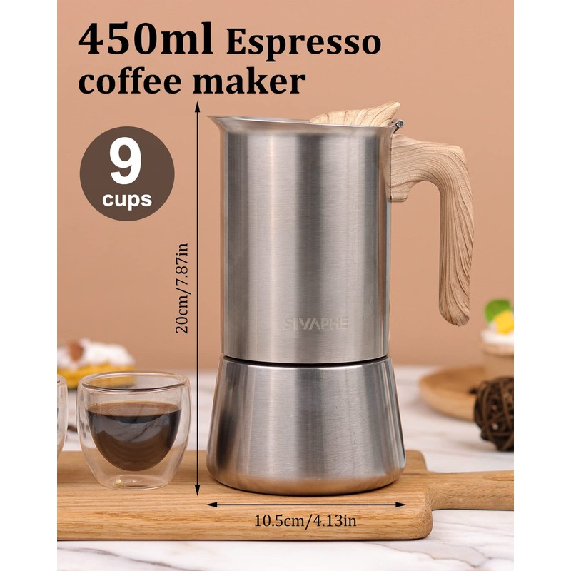 Sivaphe Stovetop Espresso Maker Stainless Steel 9 Cups, Induction-Capable Mocha