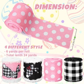 Whaline Easter Wired Ribbon 2.5 Inch Farmhouse Rustic Bunny Rabbit Fabric Craft Ribbon Pink Black Plaid Dot Wired Edge Ribbon for Spring Gift Wrapping Wreath Bow Crafts Party Decor, 24 Yards, 4 Roll