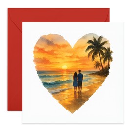 Romantic Card for Him or Her – Couple on Beach Sunset – Greetigs for Wife, Husband, Girlfriend, Boyfriend, Babe, Darling, Fiance - Anniversary, Valentine’s, or Love Card – Comes with Stickers