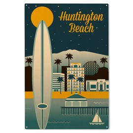 Lantern Press 10x15 Inch Wood Sign, Ready to Hang Wall Decor, Huntington Beach, California, Retro Skyline Classic Series