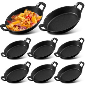 Mifoci 8 Pcs Oval Serving Dish Mini Cast Iron Skillet Cast Iron Baking Pan Sizzling Plate Matte Black Gratin Cookware for Home Restaurant Kitchen Food Service Barbecue (10.8 x 6.1 Inch)