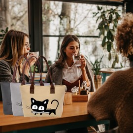 MINGZE Women's Shoulder Bag, Canvas Bag Girls Cute Cat Eating Fish Shopping Bags Handbags Beach Bags Handbags, lightgrey, cute