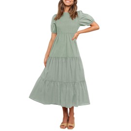 ZESICA Women's Casual Summer Crew Neck Short Puff Sleeve Smocked High Waist Ruffle Tiered A Line Midi Dress,DustyGreen,Small