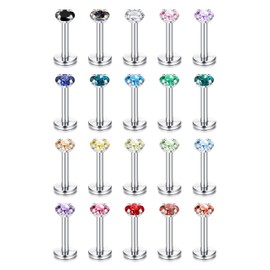 CASSIECA 20Pcs 16G Hypoallergenic Stainless Steel Lip Studs Labret Piercing with 3mm Colorful CZ Cartilage Tragus Helix Monroe Piercing Stud Jewelry 6mm