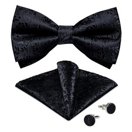 DiBanGu Mens Black Floral Bow Tie Set Adjustable Pretied Bow Ties Silk Woven Pocket Square Cufflinks for Party