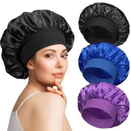 3 PCS Gorros de Satén para Mujer, Gorros de Dormir Grandes y Suaves con Correa para Cabello Liso y Rizado, Negro, Azul, Morado