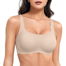 ZAAYO Women's Bra Without Underwire Full Cup Padded Bustier Seamless Push Up Square Neck Bra Strong Hold Padded Bralette T-Shirts Bra with Additional Bra Extension, Milk coffee, L