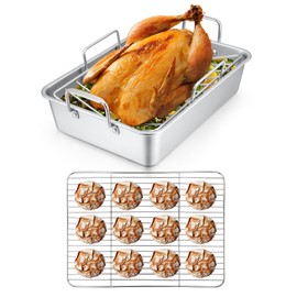 15.3 Inch Roasting Pan with Rack Set of 3(Deep Broiling Pan & V-shaped Rack & Flat Cooling Rack), Herogo Stainless Steel Turkey Roaster Pan for Thanksgiving Christmas, Dishwasher Safe