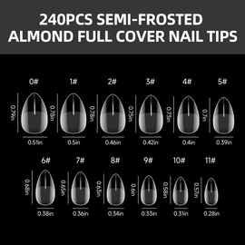 Almond Nail Tips, 240 Pcs, Short Fake Nail Tips Pre-shaped Half Matte Full Cover (Clear, S)