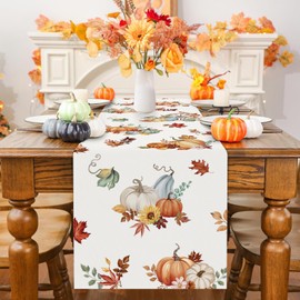 Bonhause Fall Pumpkins Leaves Flowers Table Runner 13x90 Inch Seasonal Autumn Thanksgiving Kitchen Dinning Table Decoration for Indoor Outdoor Home Party Decor