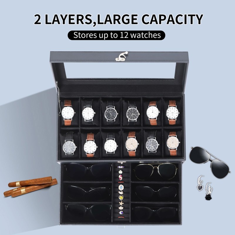 AUTOARK Leather & Velvet 12 Watch Box Jewelry Case and