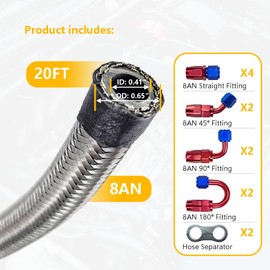 8AN 20FT Fuel Line Kit, Stainless Steel Braided Fuel Line Hose Fitting Kit | CPE Fuel Oil Hose w/ 10PCS Swivel Fitting Adapter Silver