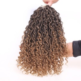 Xtrend 8 Packs Ombre Curly Faux Locs Crochet Hair 14 Stands/Pack 14 Inch Bohemian Goddess Locs Crochet Hair River Faux Locs Synthetic Braids Hair Extensions T27#