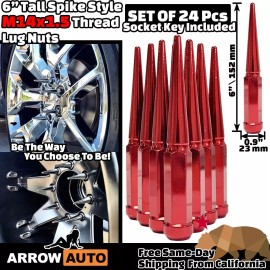 ARROW 24x 6" Extra Tall Red M14x1.5 Spike Lug Nuts & Key Fit Ford F150 & Lincoln