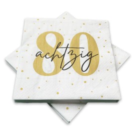 20 Napkins for 80th Birthday 33 x 33 cm White Gold Black