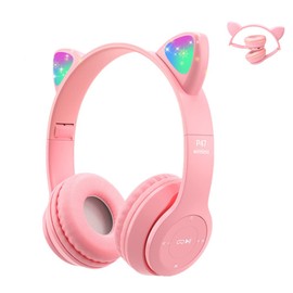 Megadream Kinder Katzenohren Kopfhörer, Bluetooth Kopfhörer LED Light Up Kinder Wireless Kabellose Faltbare Headset Over Ear für Mädchen/Junge Alter 8+ (ROSA)