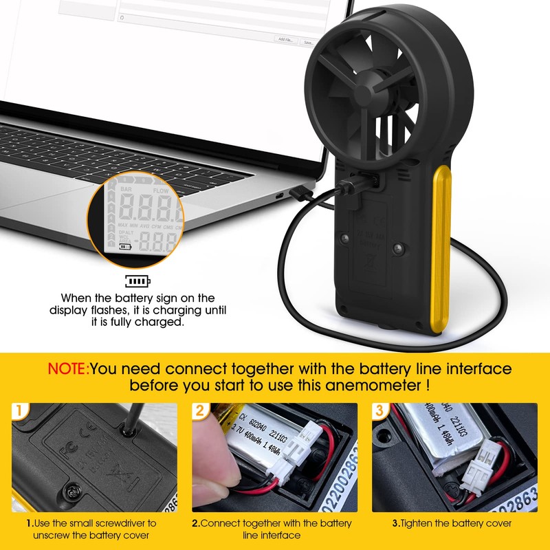 HVAC Anemometer Waterproof Rechargeable Anemometer with Touch-Screen, CFM Meter 0-999900