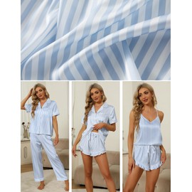 SAPJON Silk Pajamas for Women Set 4Pcs Ruffled Satin Pajamas Set Button Down Short Sleeve Cami Shorts Sleepwear Pj Set