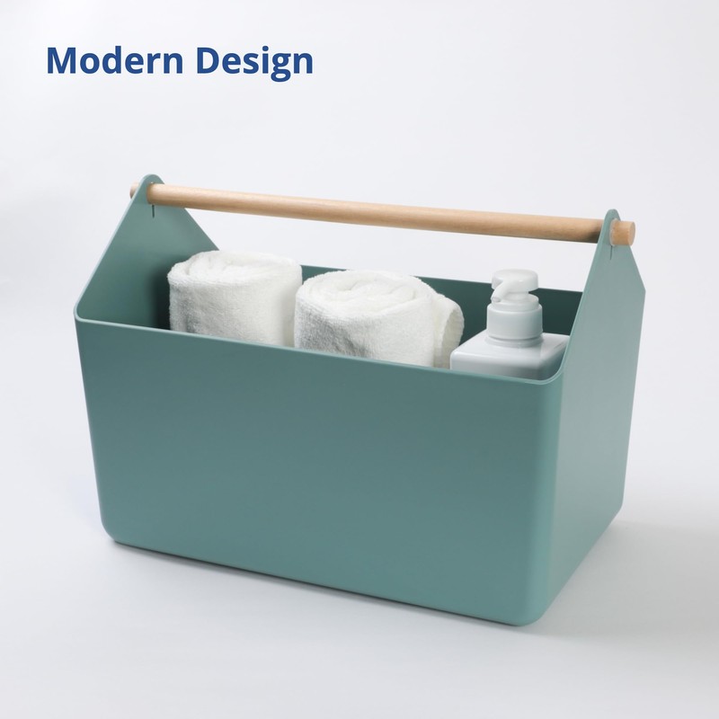 BLUE GINKGO Large Storage Basket – Plastic Caddy with Wooden