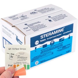 Pack of 6 Steramine Sanitizing Tablets w/ 30x QT-10 Test Strips, Steramine Multi Purpose Contact Solution Sanitizer Tablets for Gym, Hotel, Bar, Restaurants & Food Service by FryOilSaver Co. (900 Tab)