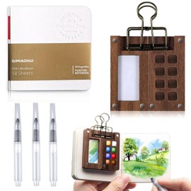 LURNODY Portable Sketchbook Palette Set, 8 Grids, for Watercolour Gouache, Acrylic Painting, with Watercolour Paper Journal, Magnetic Lid and Clip for Watercolour, Gift for Artists, Painters