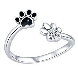 WOSTU Adjustable Paw Print Ring Sterling Silver Plated Open Cat Dog Pet Memorial Statement Rings Knuckle Bands Style Dainty Jewelry Gifts for Women Daughter Mom
