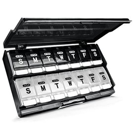 Organizador de píldoras de 7 días (dos veces al día) – Remtise Am/Pm diario pastillero organizador de medicamentos, pastillero semanal con botón para píldoras, vitaminas, aceite de pescado, suplementos (blanco y negro)