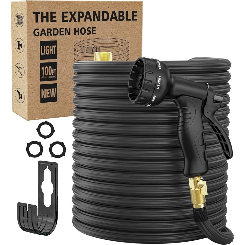 Garden 100ft Expandable Rubber Garden Hose 10-Function Spray Nozzle Lightweigh
